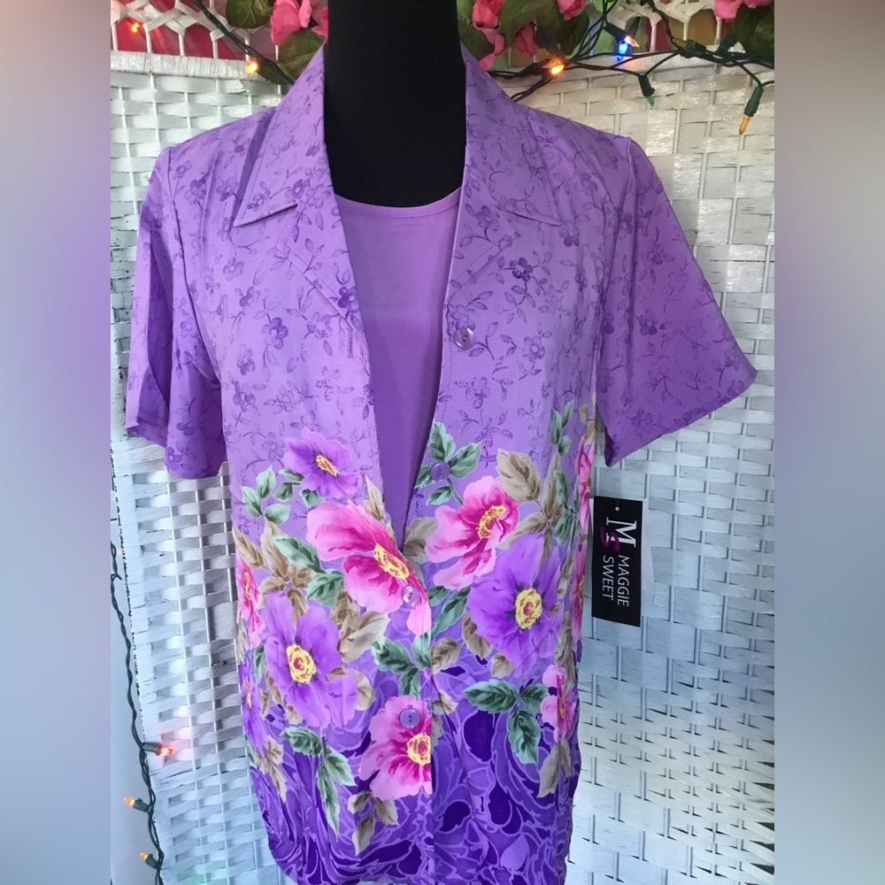 💜🌺🌸 Maggie Sweet Purple Floral Top & Solid Purple Tank S  NWT NOS 🌸🌺💜 - Picture 2 of 12